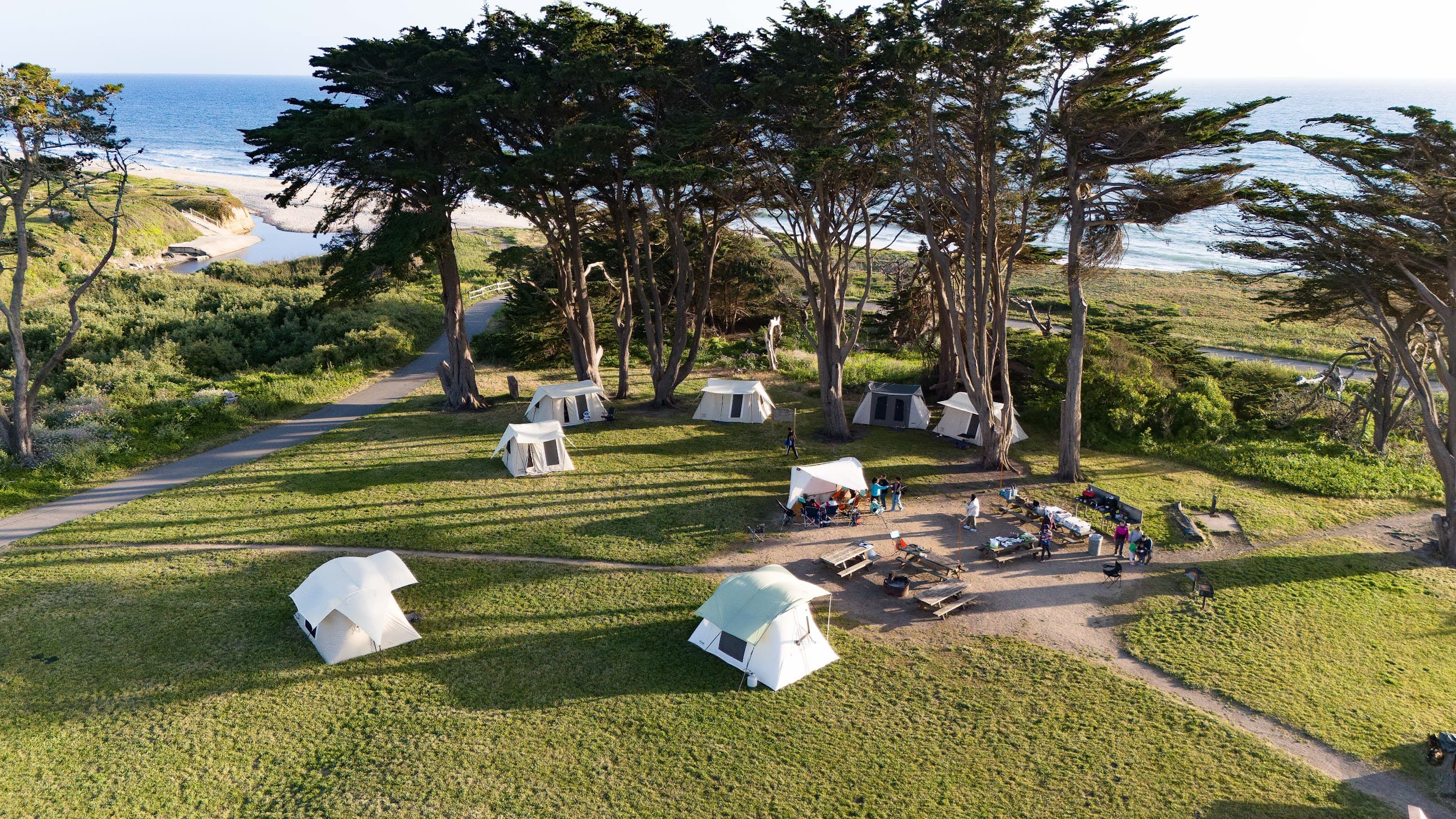 Aerial view of tents set up near the coast