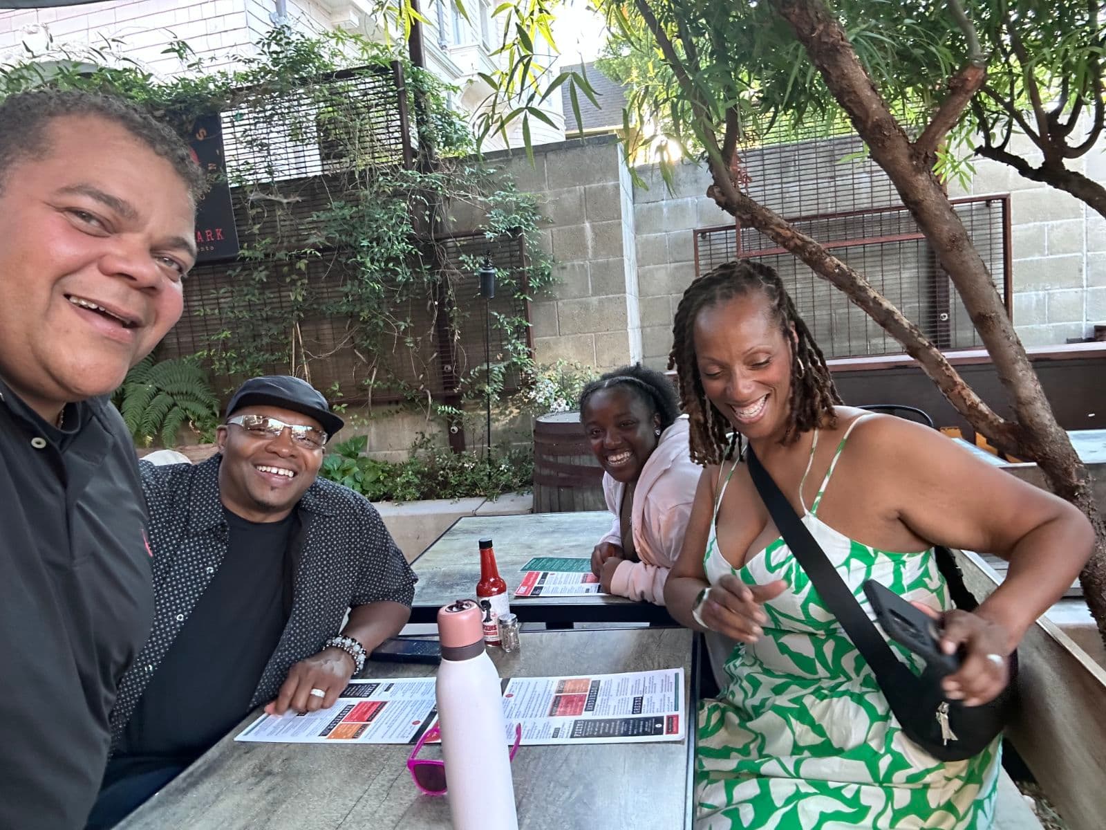 The Miller and Austin families meeting for dinner outside of camping trips